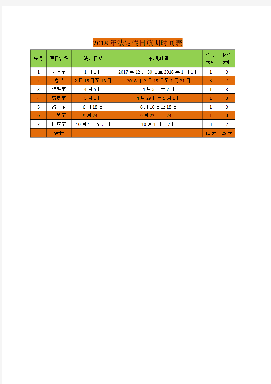 2018年法定假日时间表