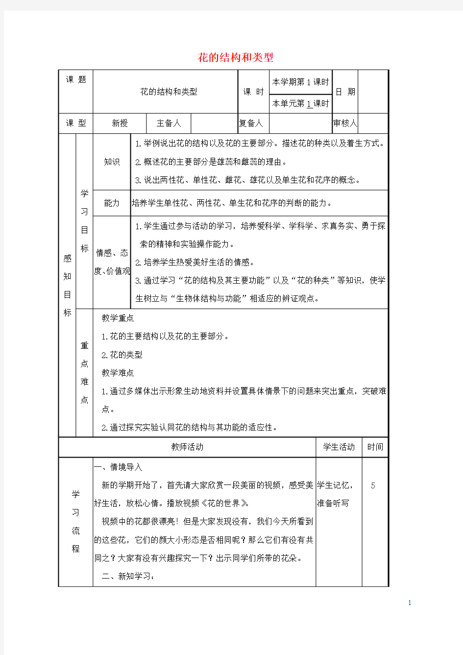 山东省邹平县八年级生物上册4.1.1花的结构和类型学案(新版)济南版