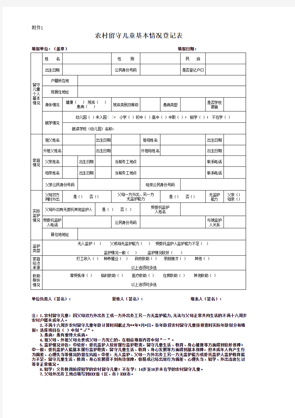 留守儿童基本情况表