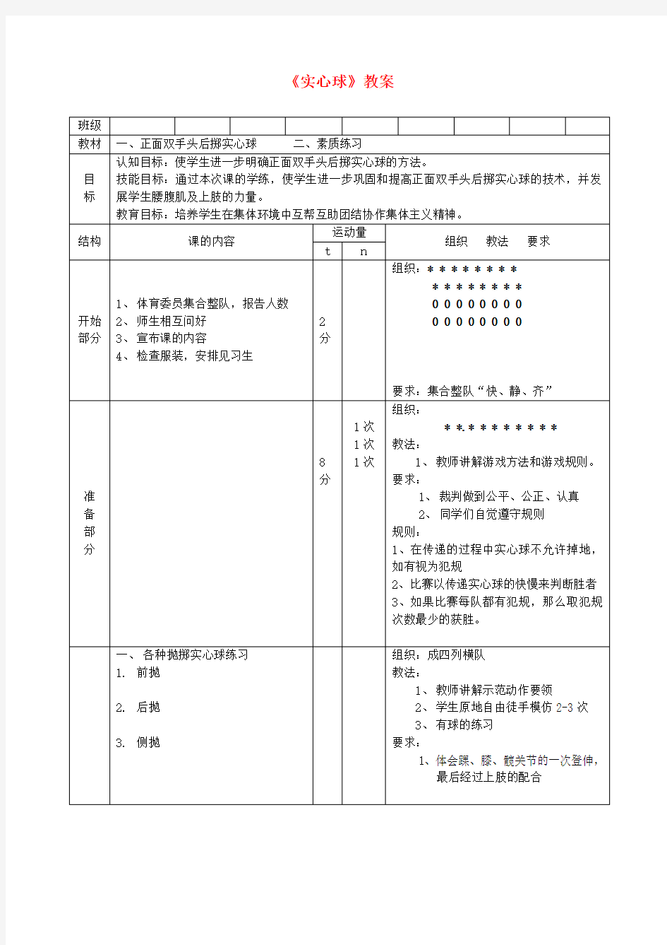 初中体育《实心球》教案