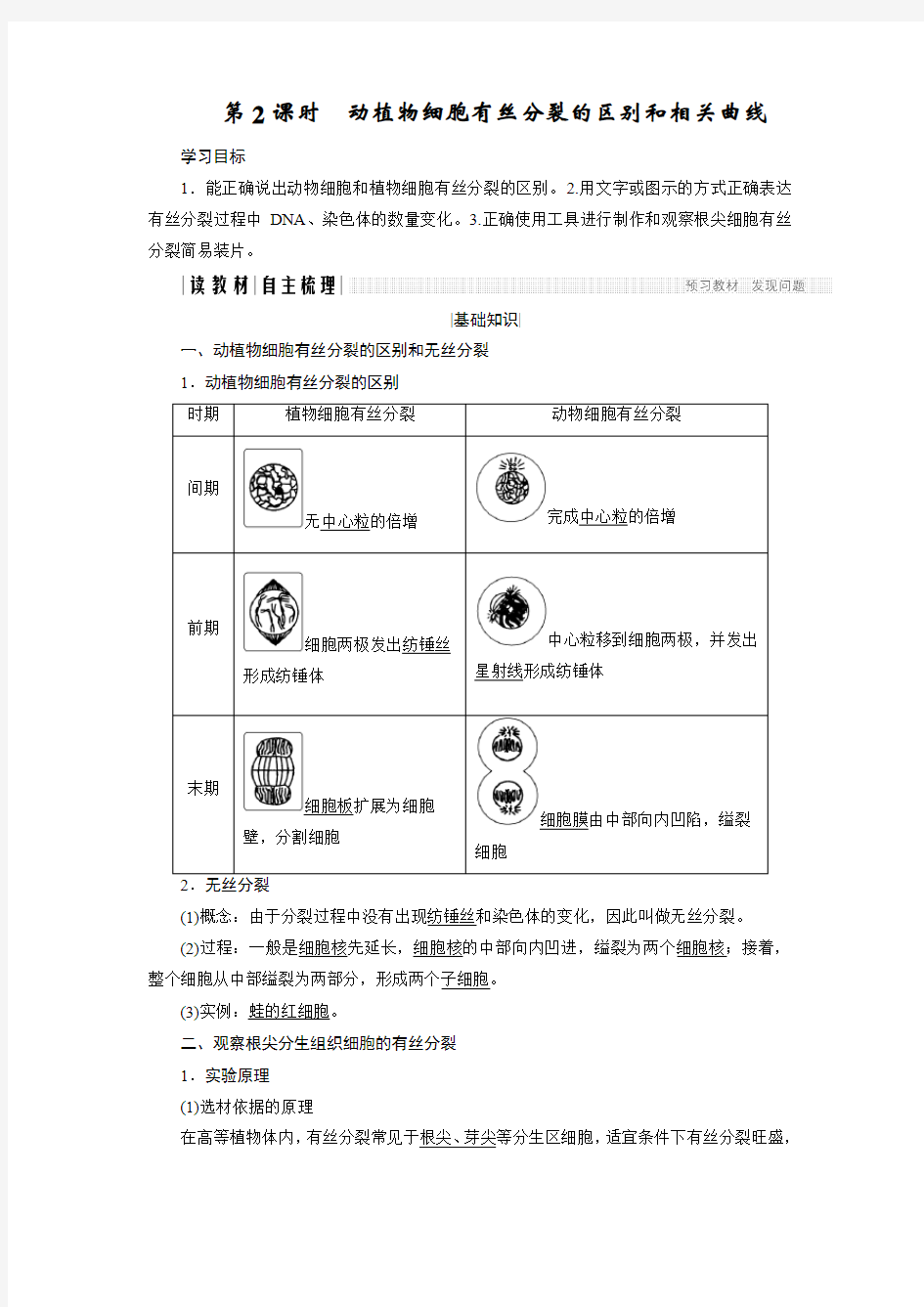 人教版高中生物必修一学案：6.1.2 动植物细胞有丝分裂的区别和相关曲线 (含答案)