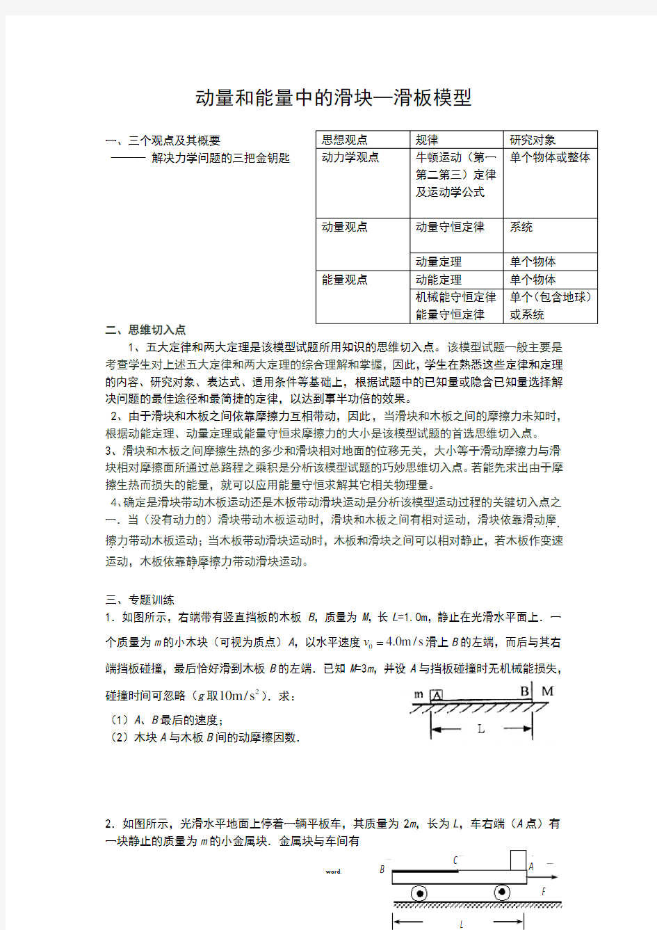 动量和能量中的滑板滑块模型专题(新、选)