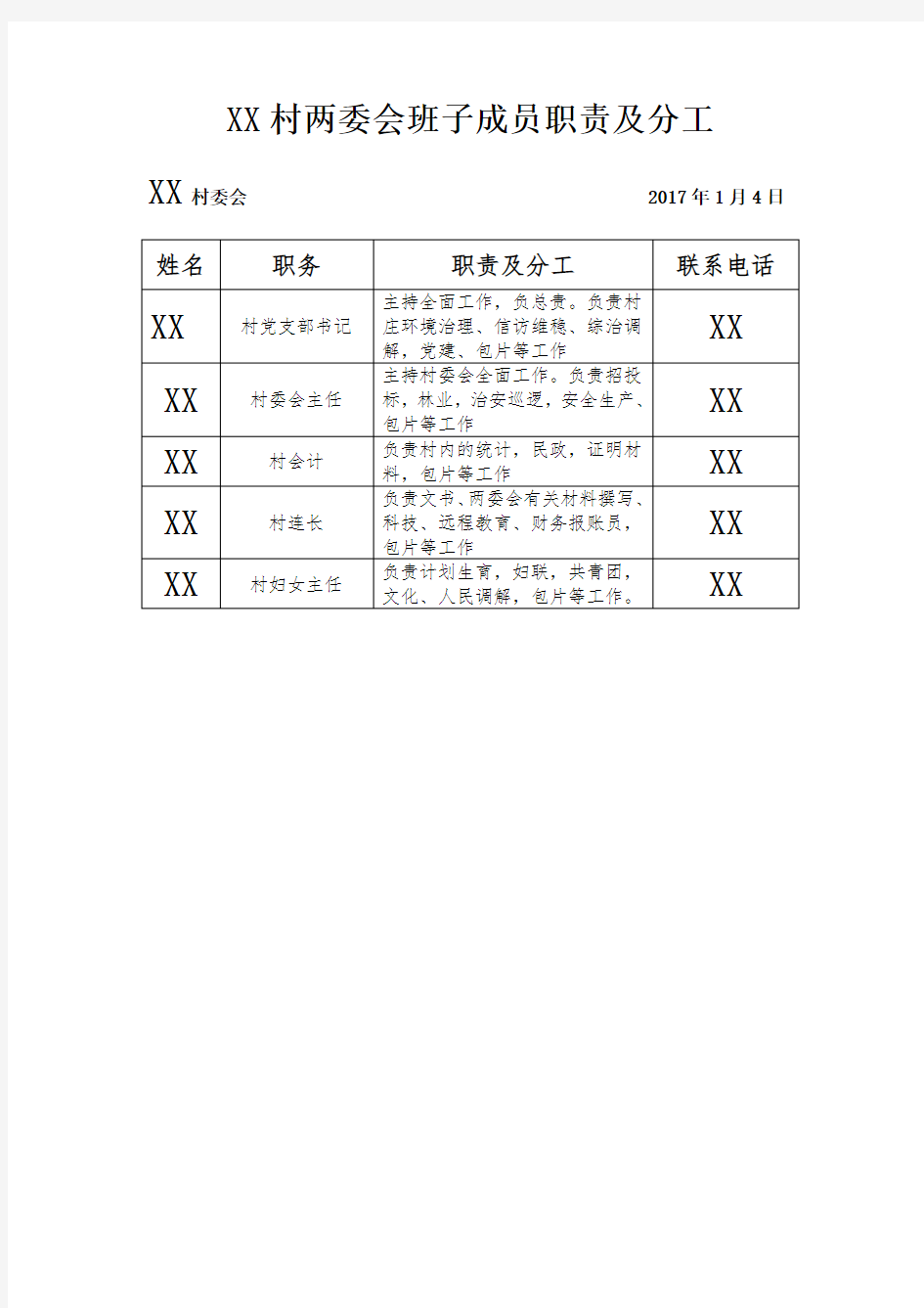 村两委会班子成员职责及分工