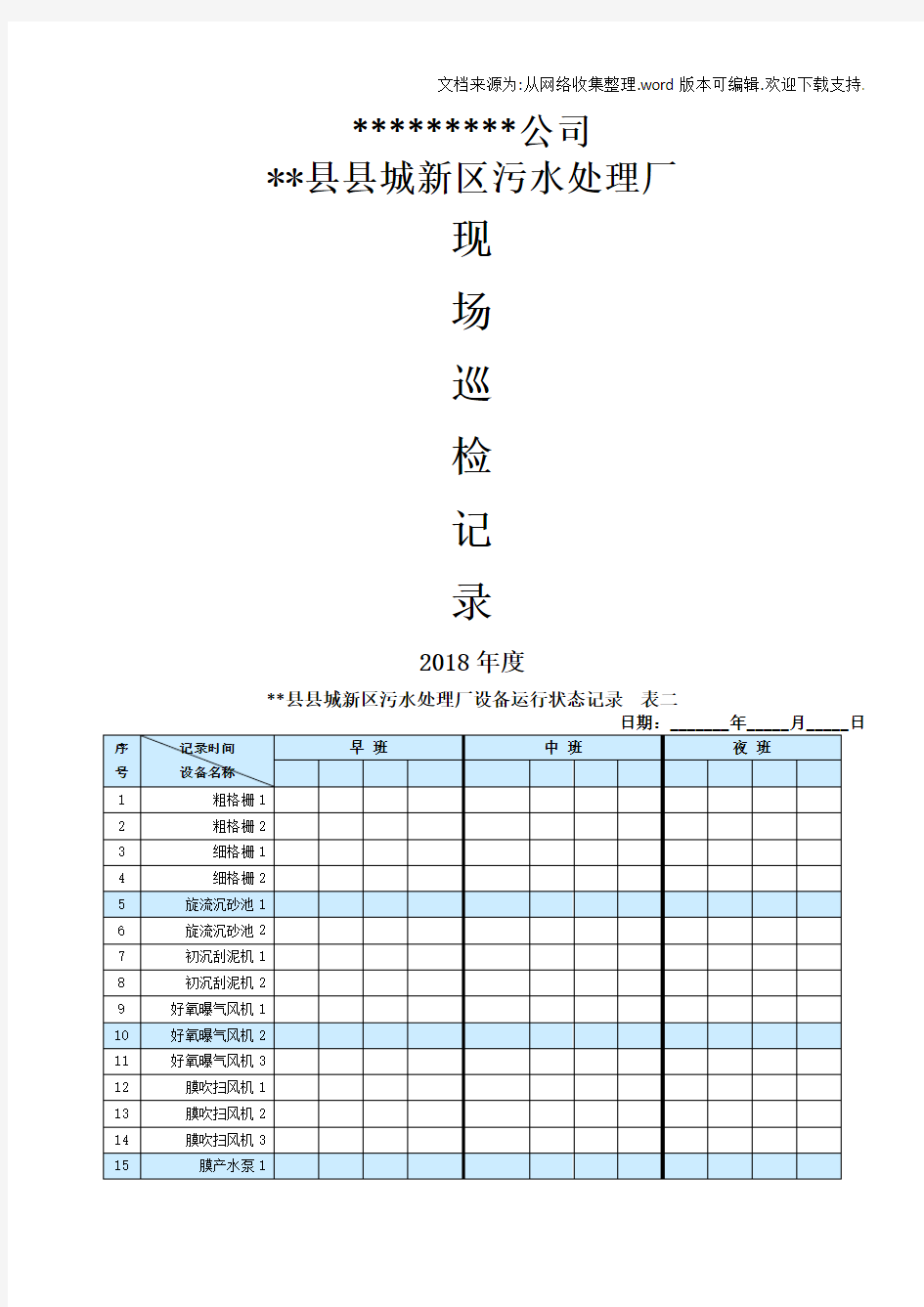 污水处理巡检记录表