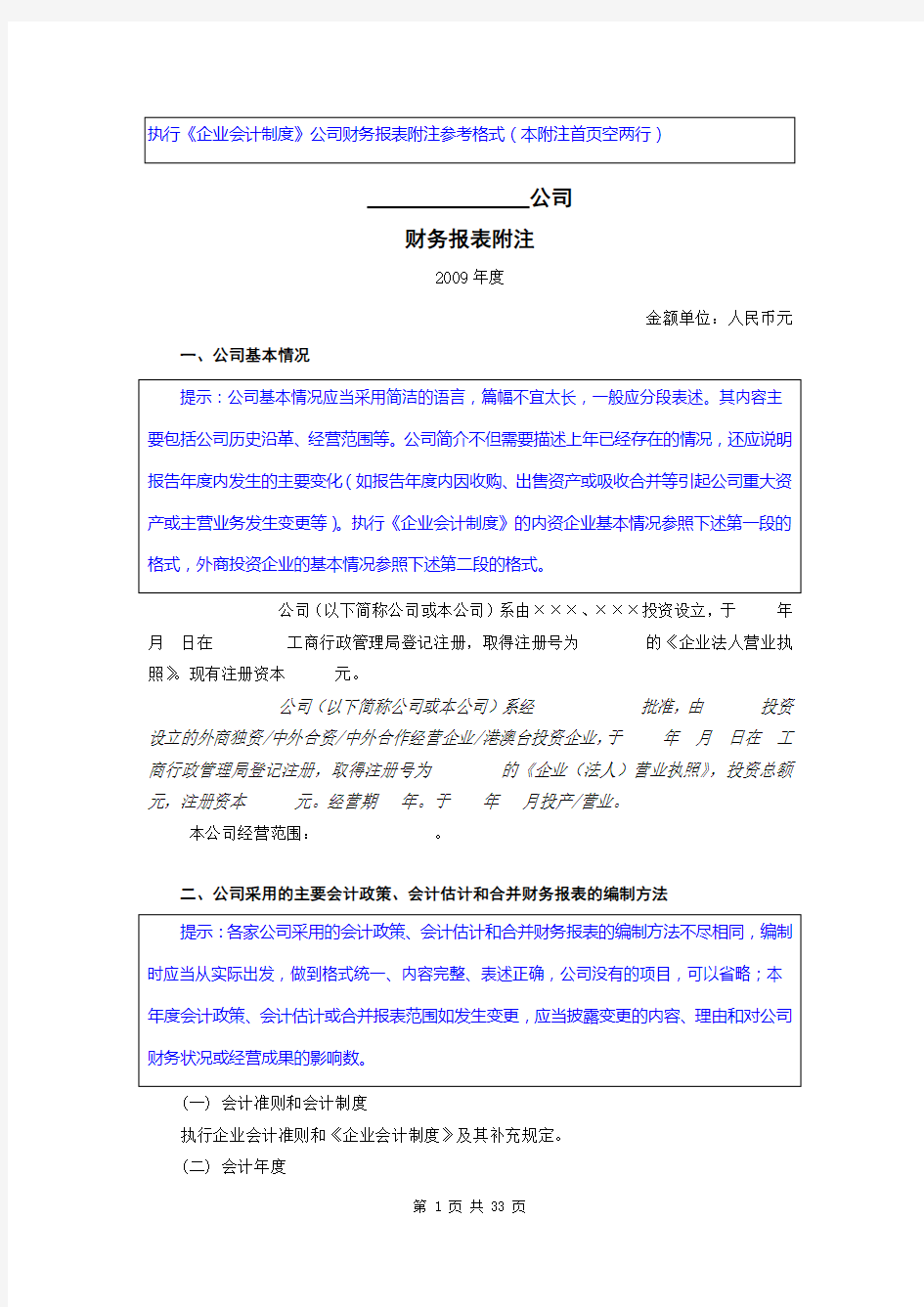 执行《企业会计制度》公司财务报表附注(表格版)模板