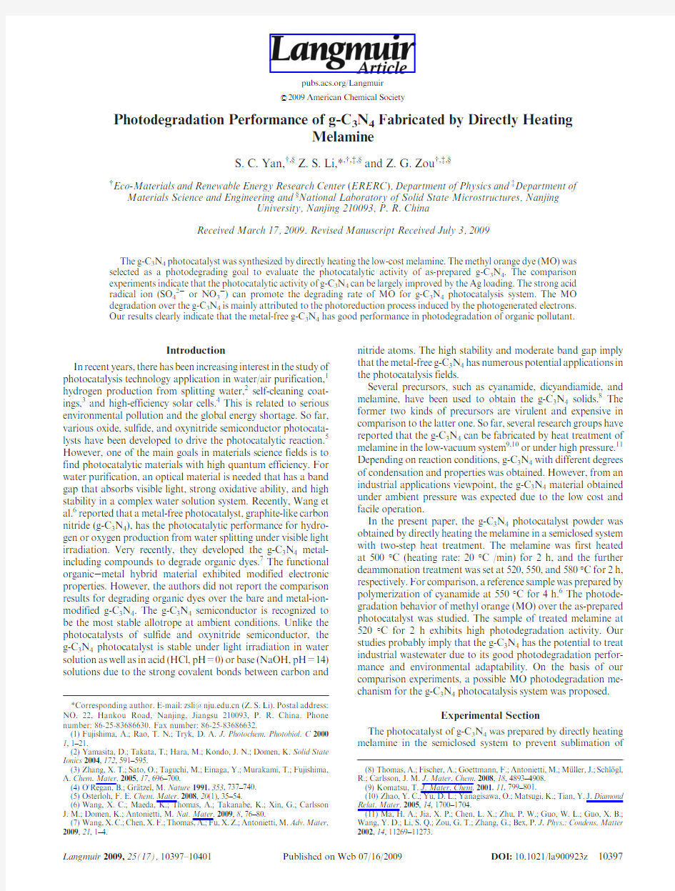 Photodegradation Performance of g-C3N4 Fabricated by Directly Heating Melamine