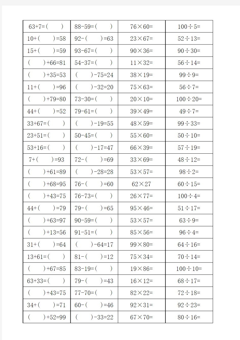 100以内加减乘除(500道题)