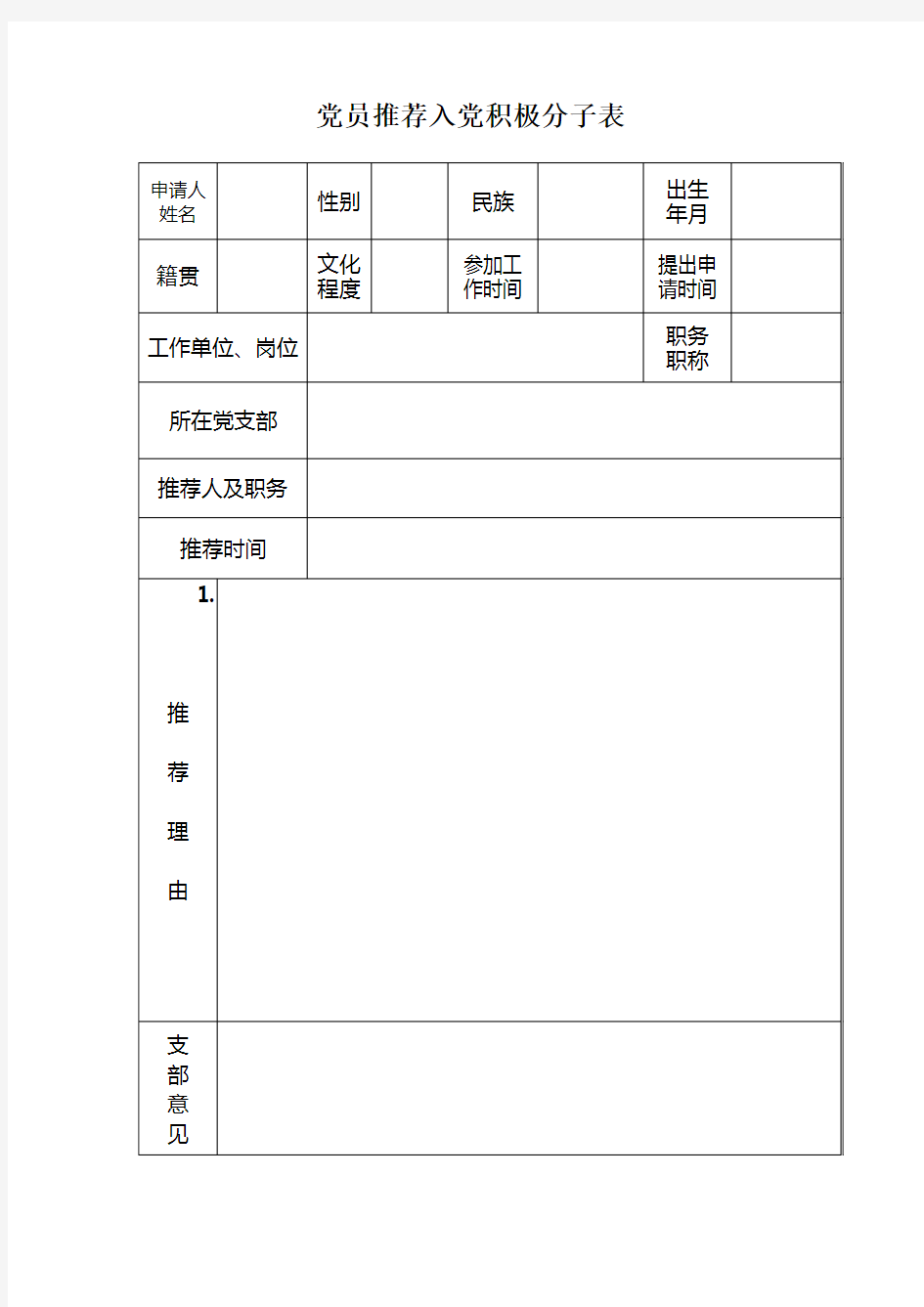 党员推荐入党积极分子表