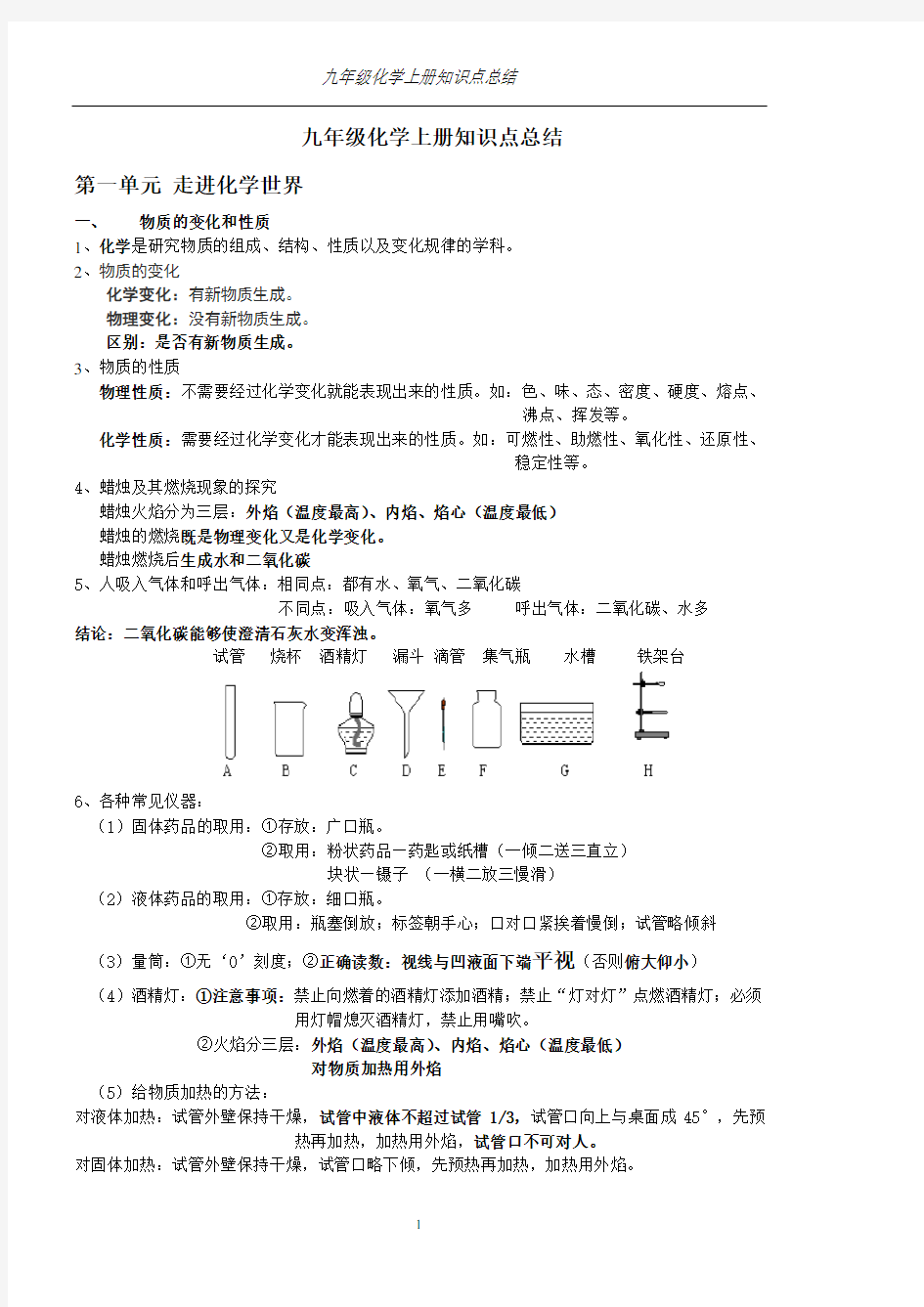 初三化学知识点总结集合