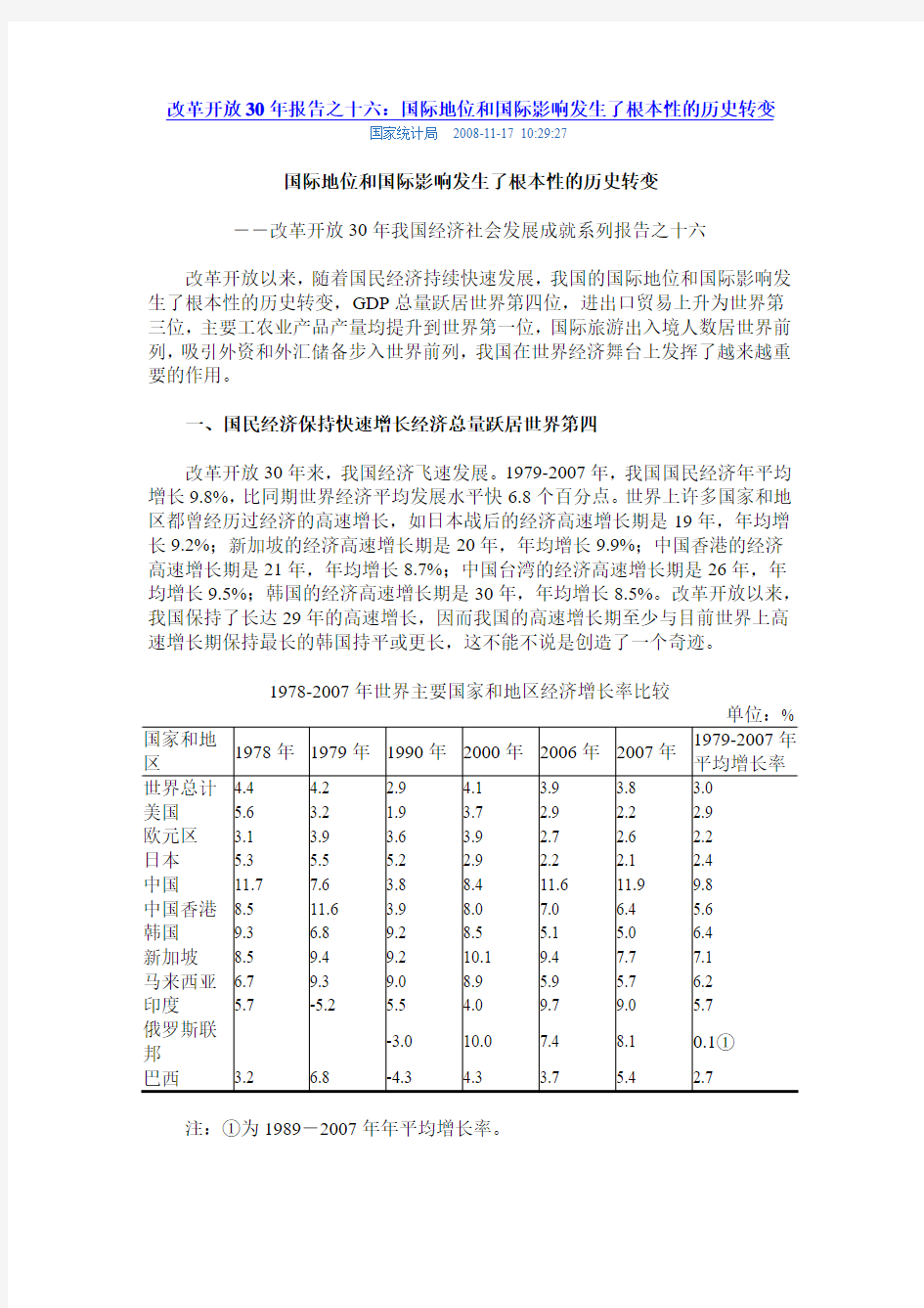 改革开放30年报告之十六：国际地位和国际影响发生了根本性的历史转变