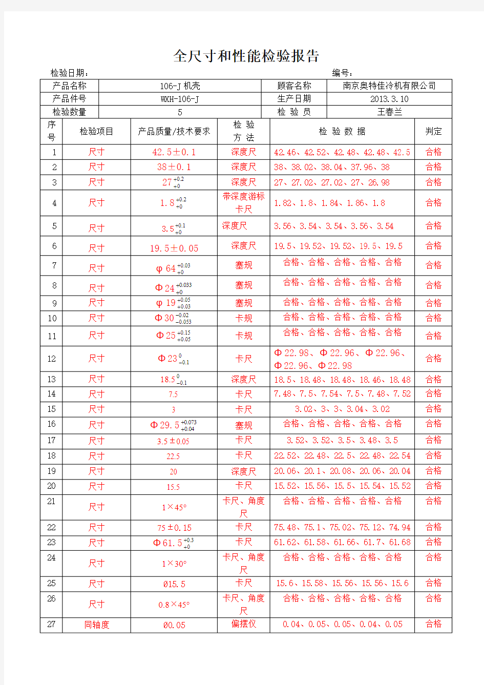 全尺寸和性能检验报告(需确定)