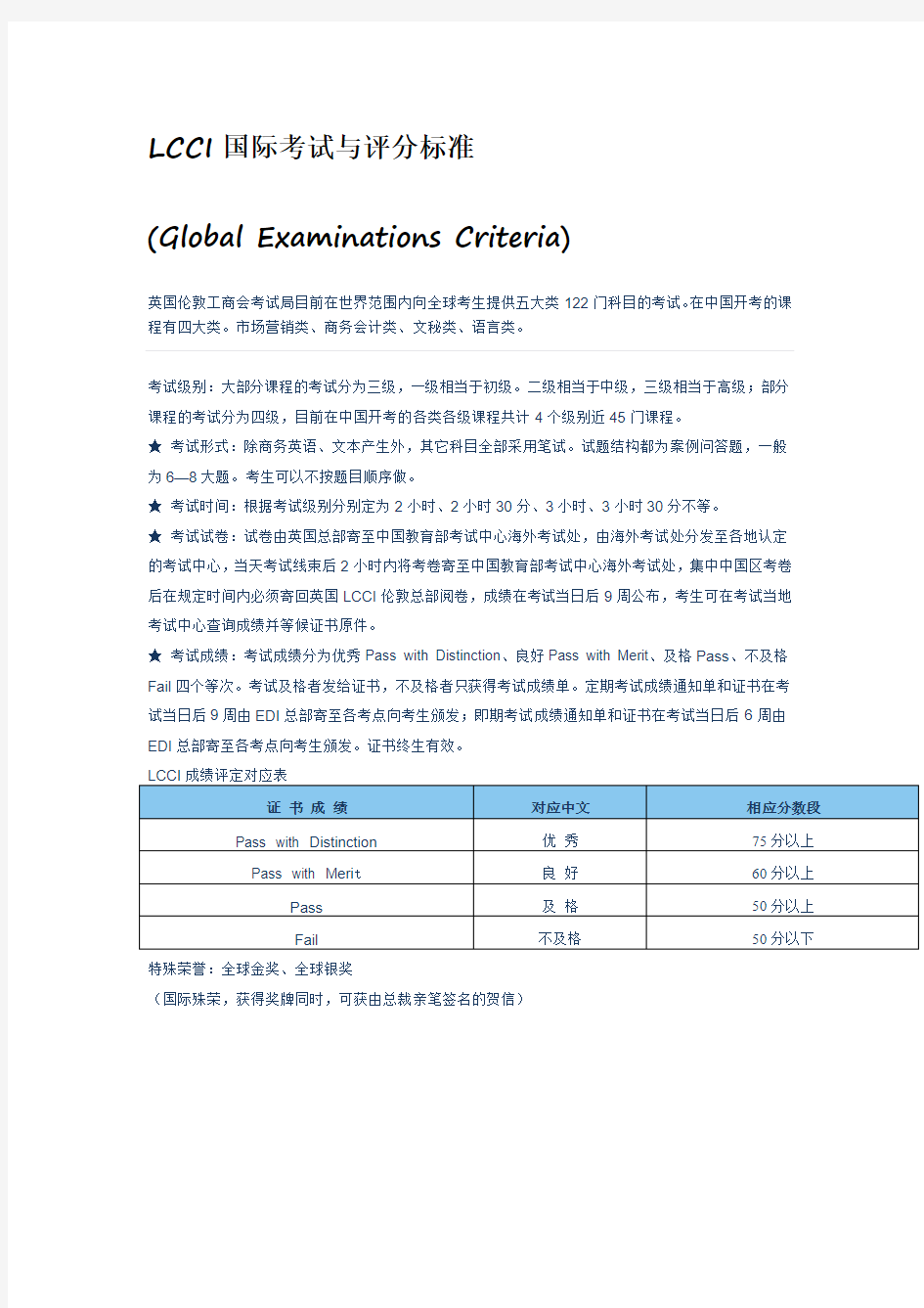 LCCI国际考试评分标准