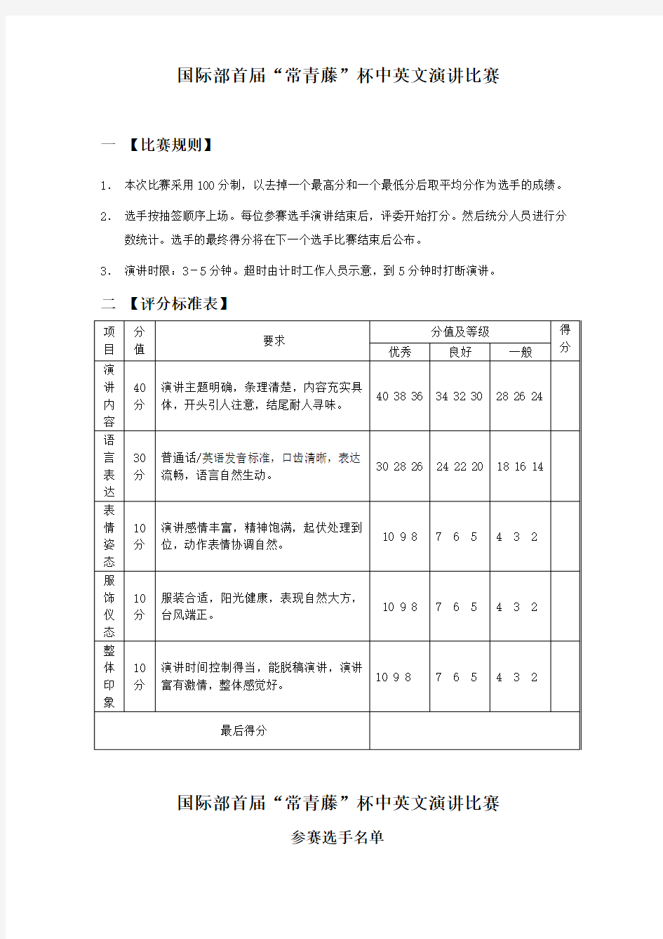 首届中英文演讲比赛评委评分标准(中英文)