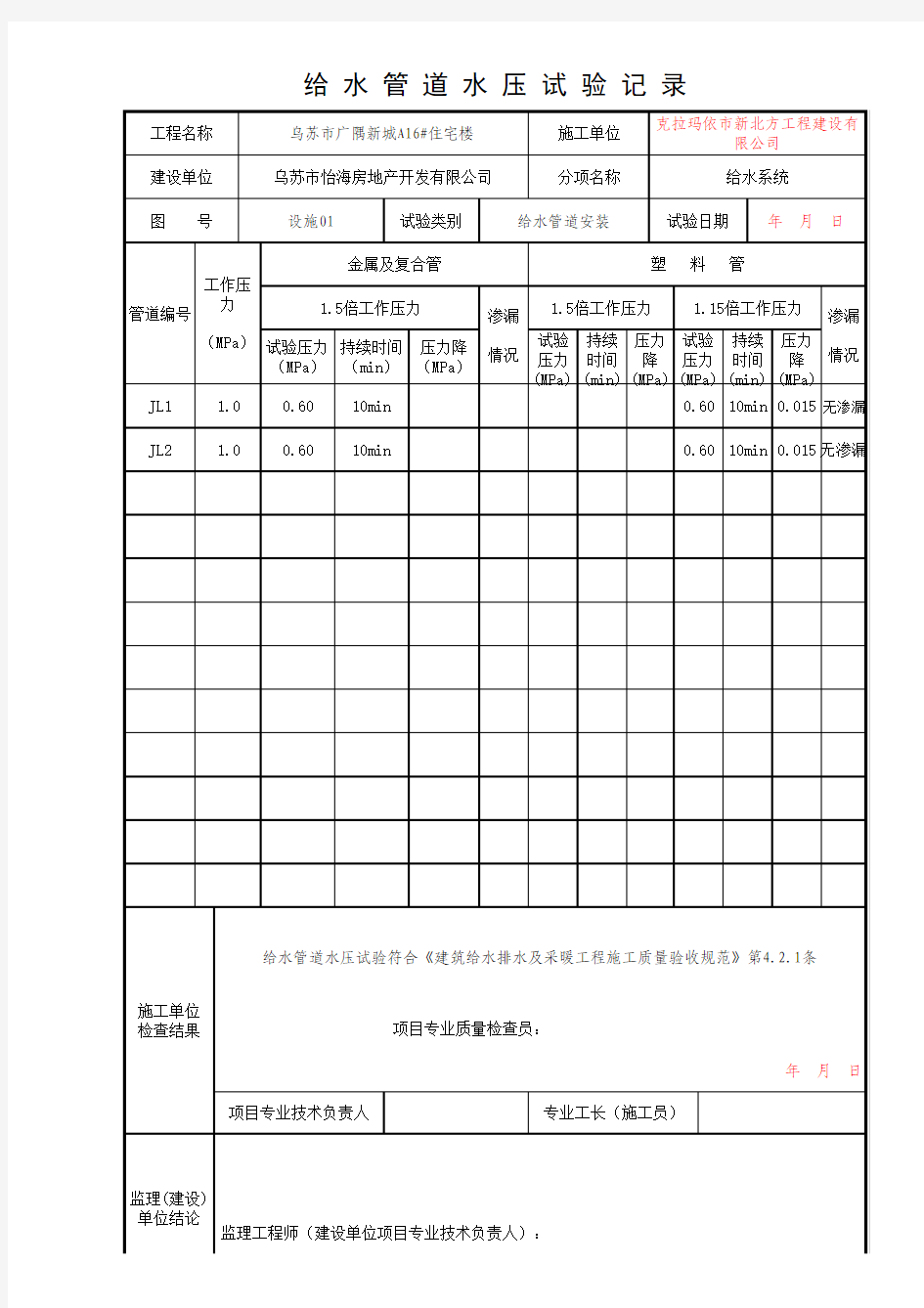 给水管道水压试验记录