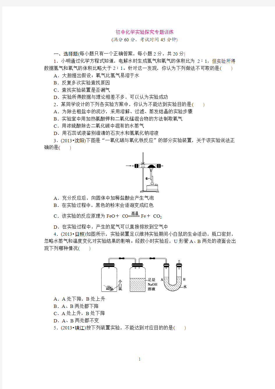 初中化学实验探究专题训练(含答案)