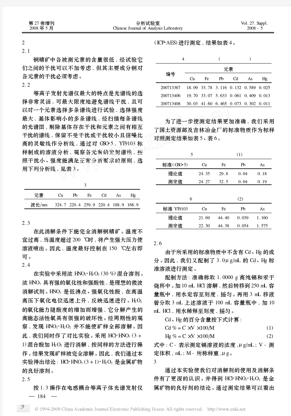 微波消解电感耦合等离子发射光谱法测定铜精矿中Cu_Pb_Fe_Cd_As_Hg