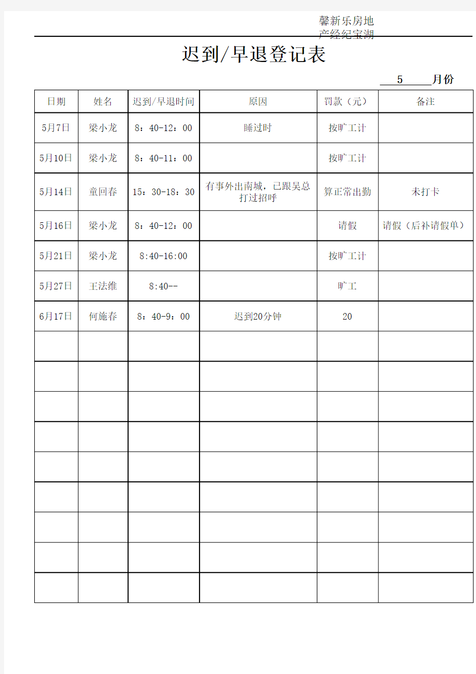 迟到早退登记表