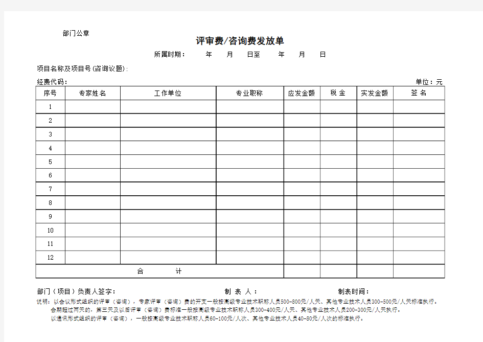 评审费咨询费发放单