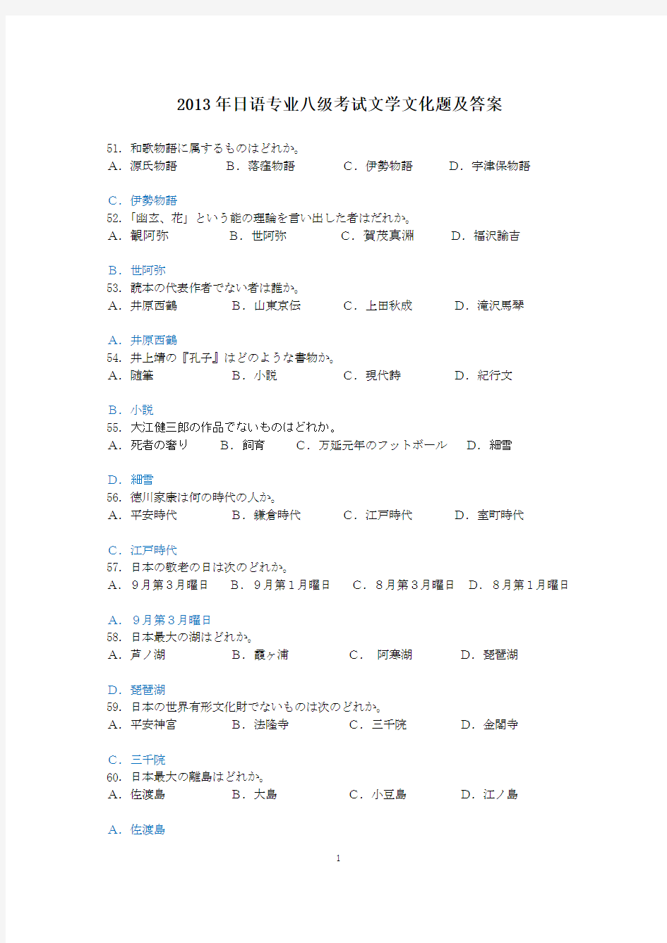 2013年日语专业八级考试文学文化题及答案