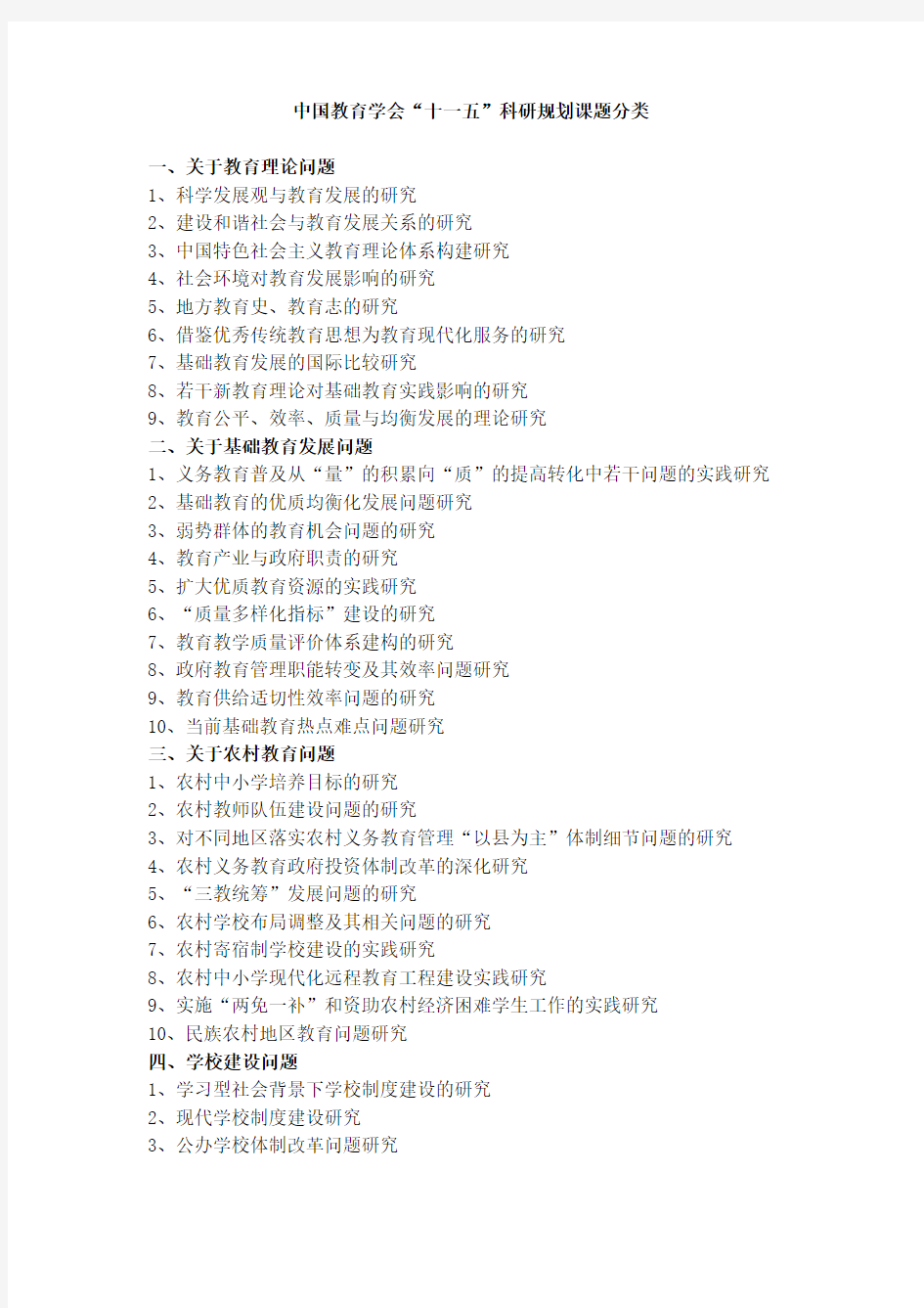 中国教育学会十一五课题分类