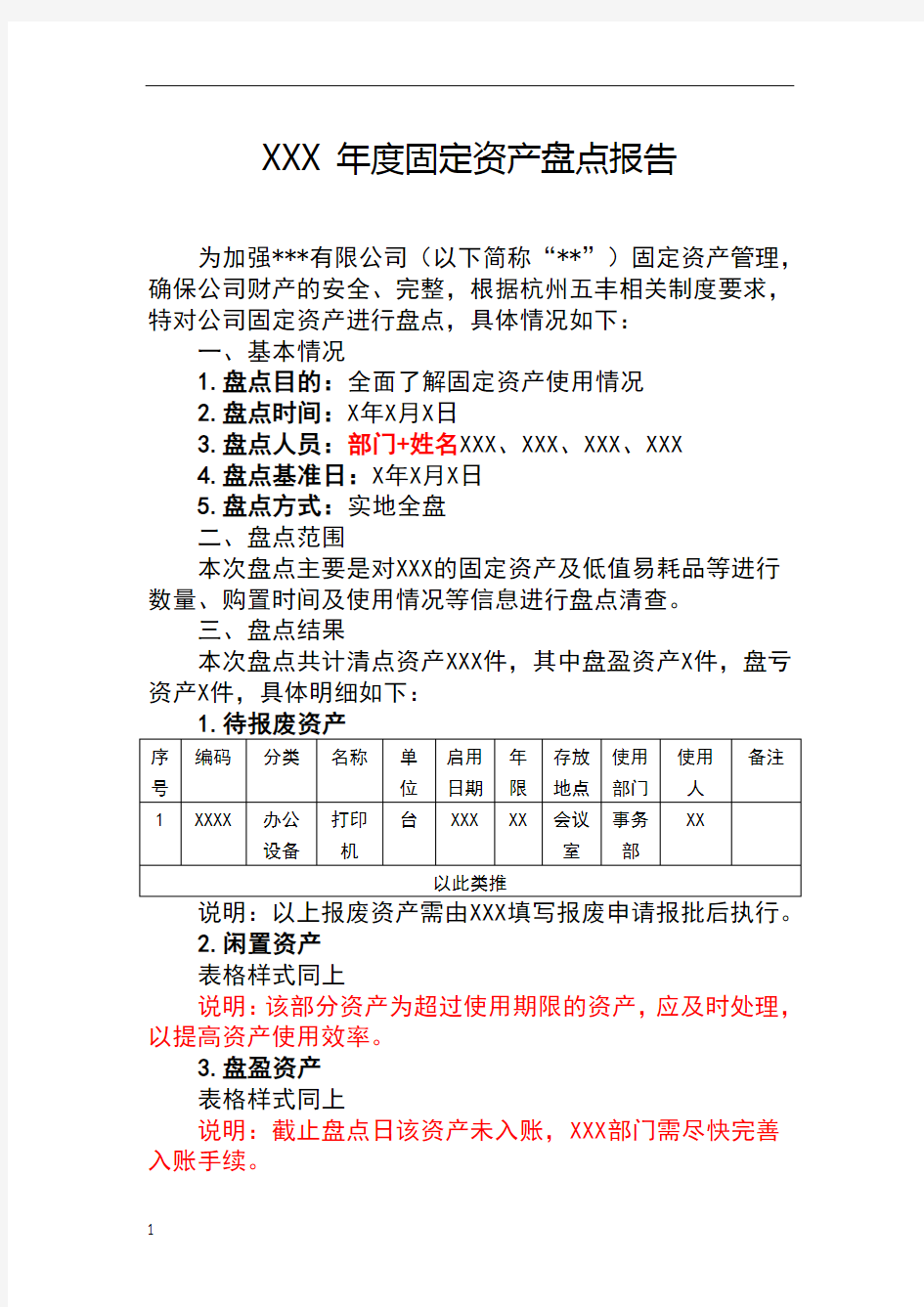 固定资产盘点报告(模板)