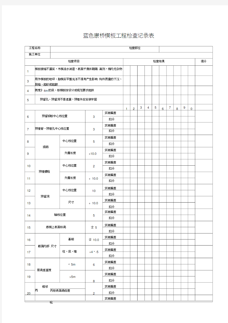 质量实测实量检查记录表