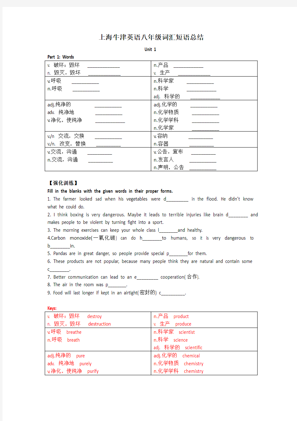 上海牛津英语八年级各单元词汇短语总结(附答案)