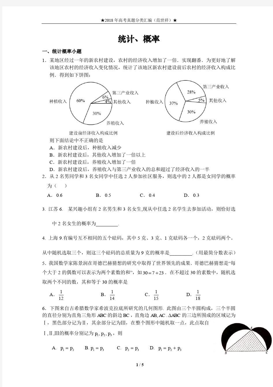 2018高考分类汇编——统计概率