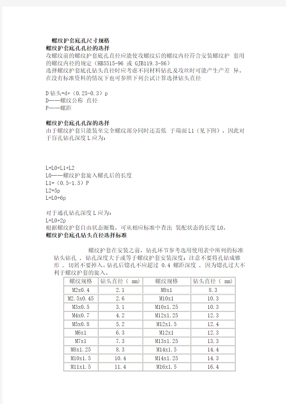 螺纹护套底孔尺寸规格