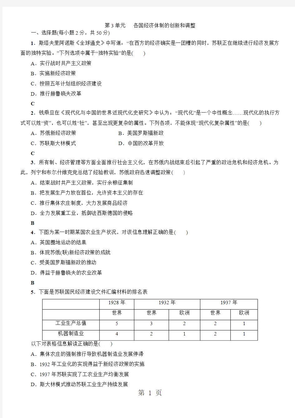 各国经济体制的创新和调整综合练习卷