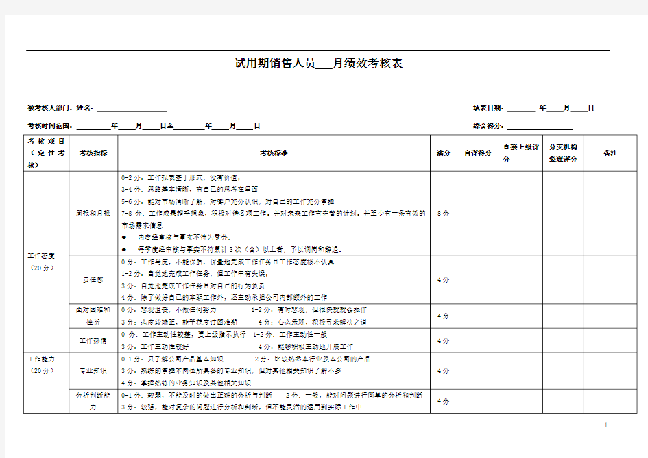 销售人员试用期月度绩效考核表