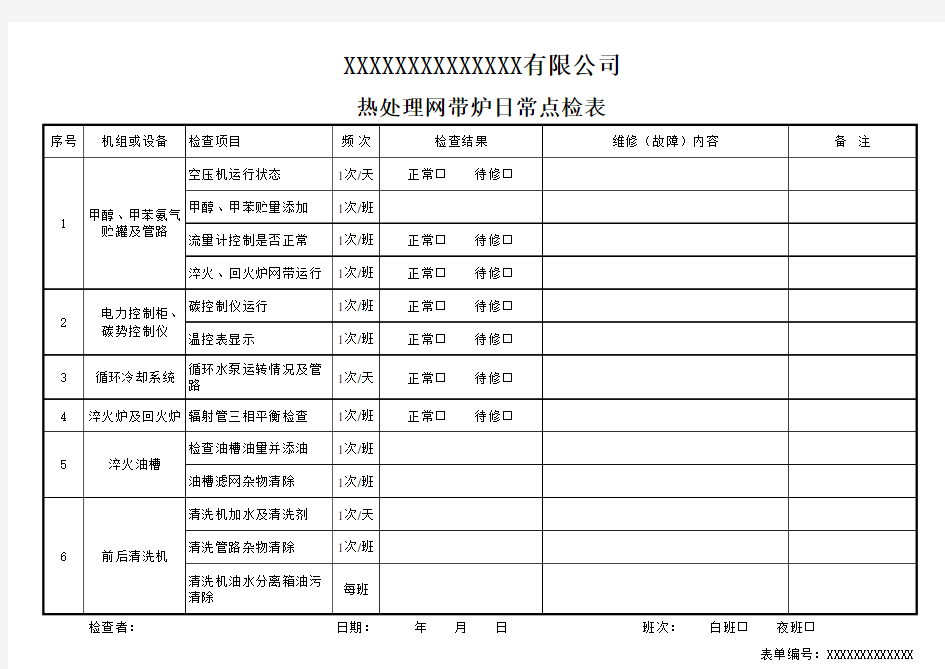 热处理网带炉日常点检表