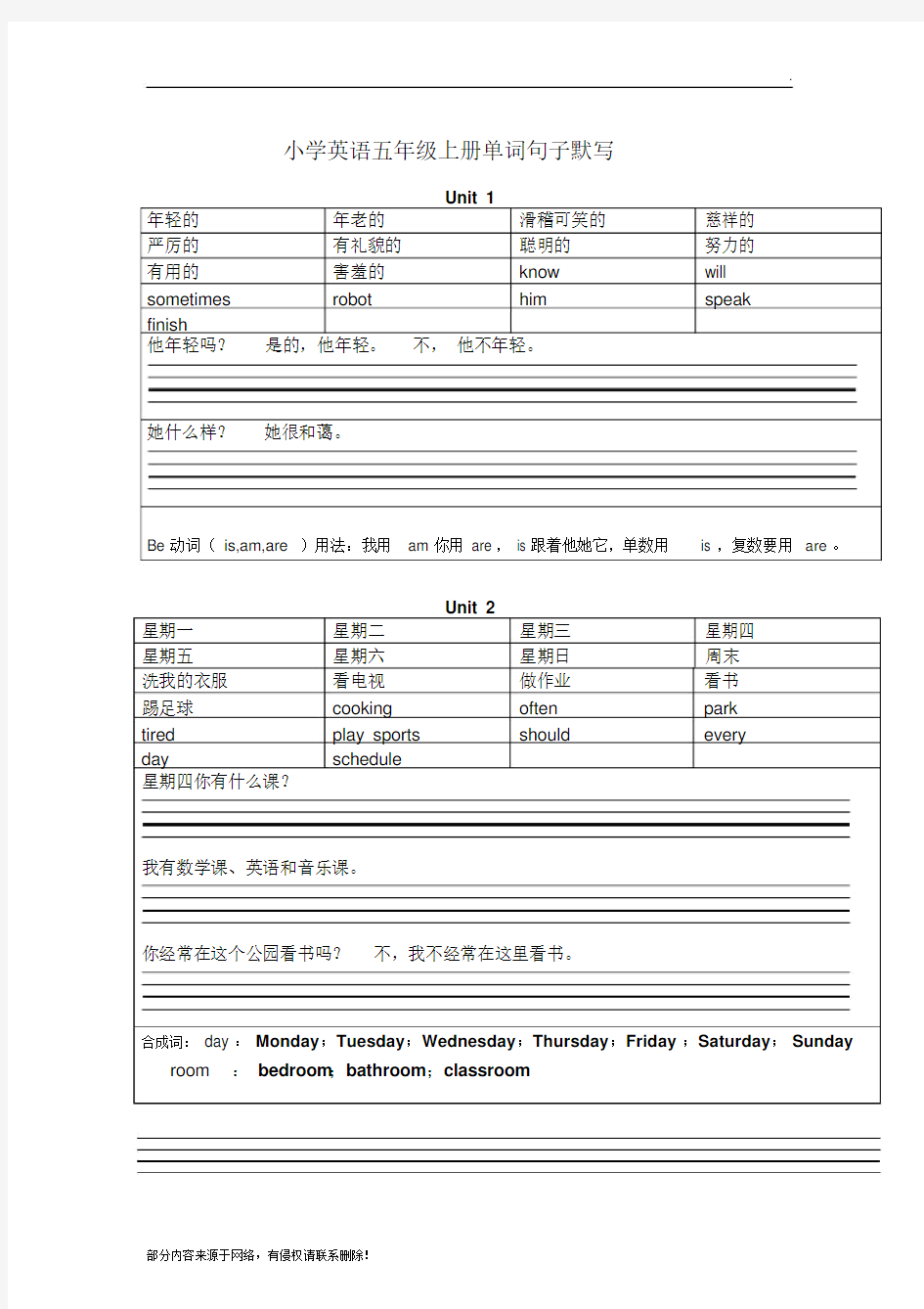 小学英语五年级上册单词句子默写(带表格和总结)