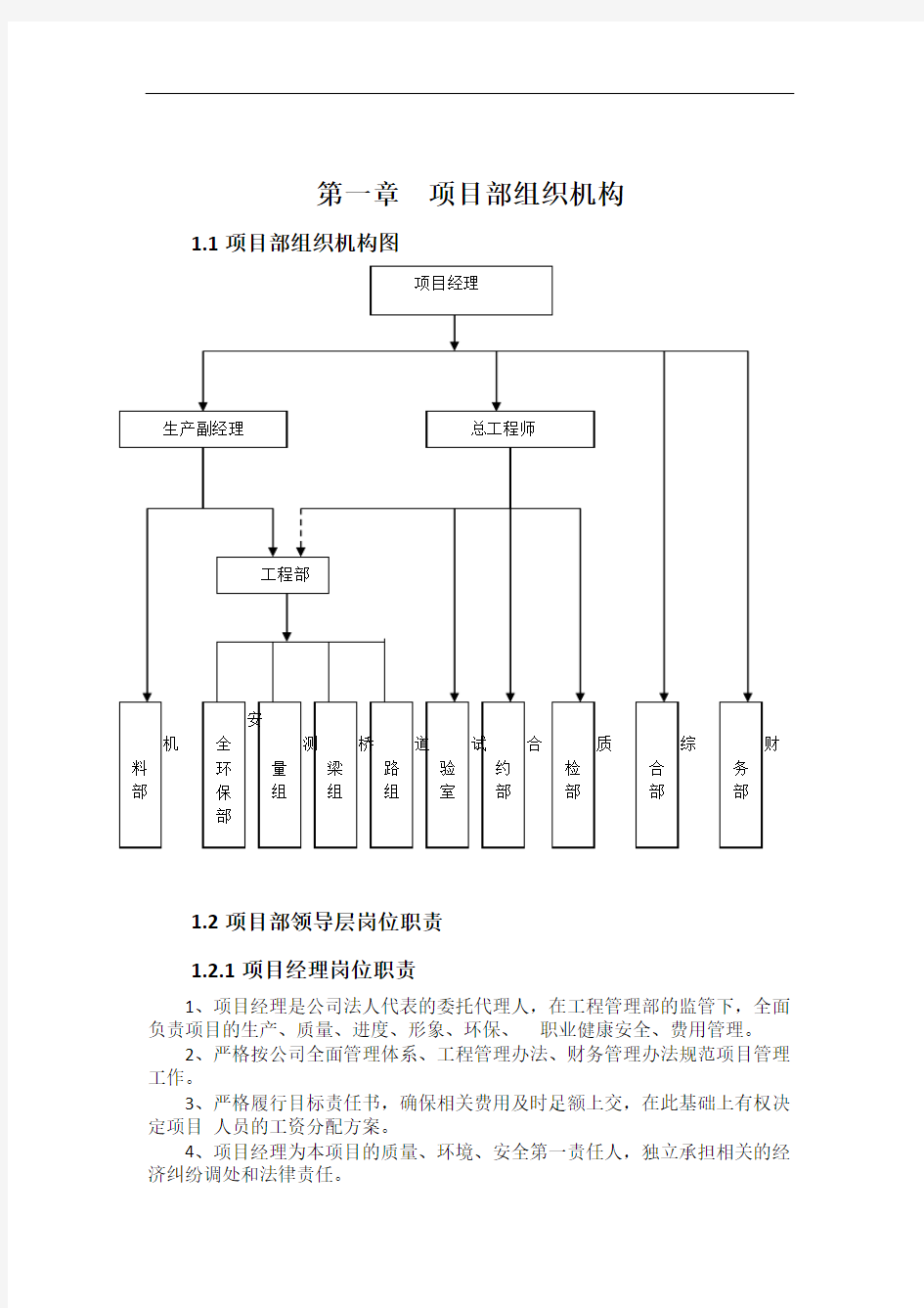 项目部组织机构及岗位职责