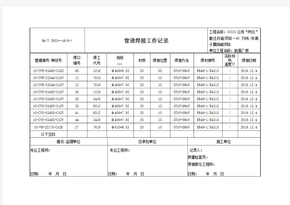 焊接记录表格统一模板SHT3503-2017