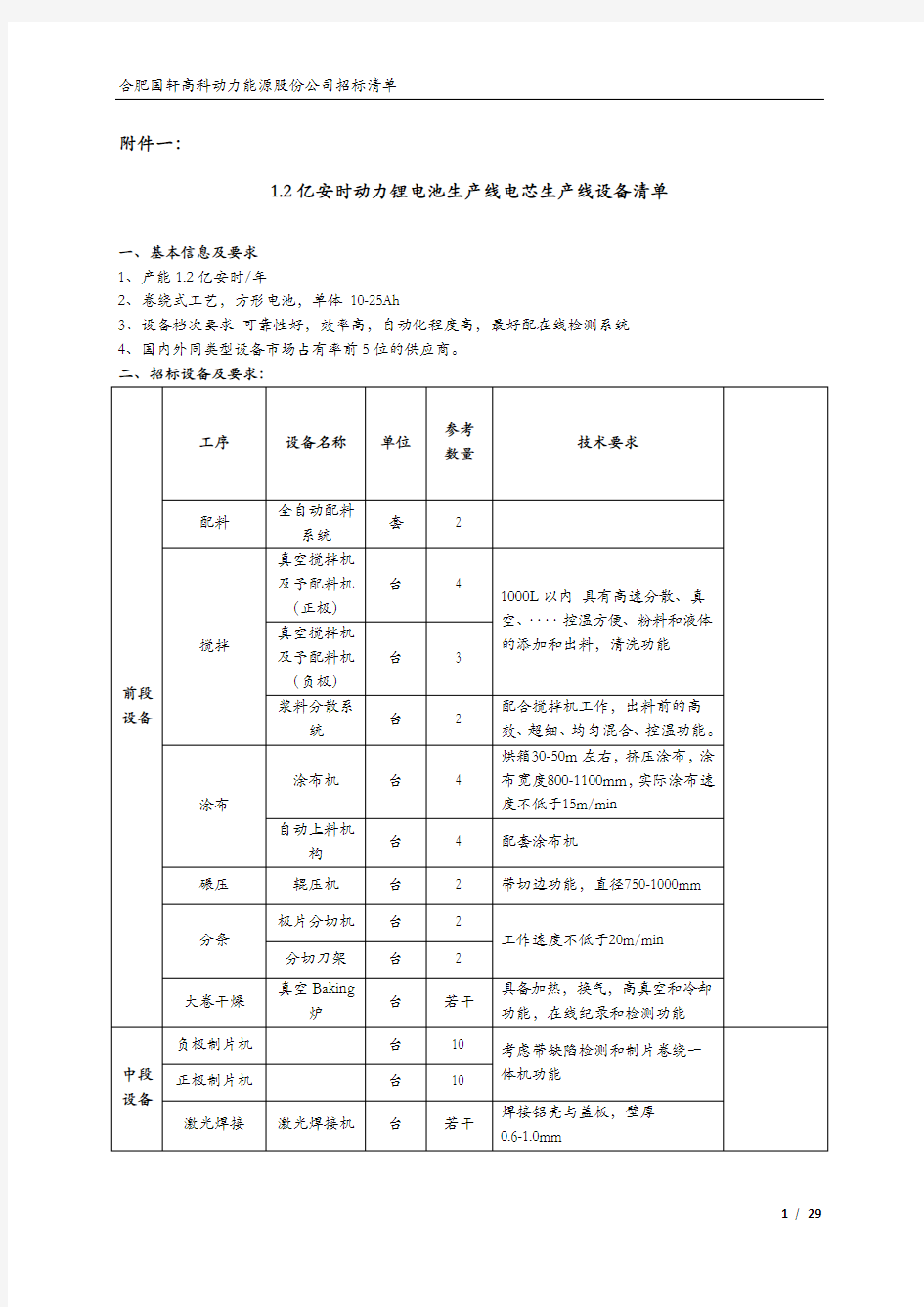 1.2亿安时动力锂电池生产线电芯生产线设备清单分析