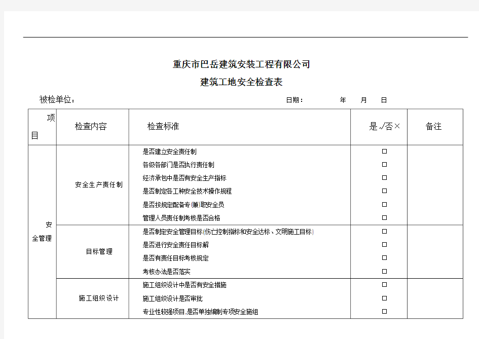 建筑施工现场安全检查表-2017