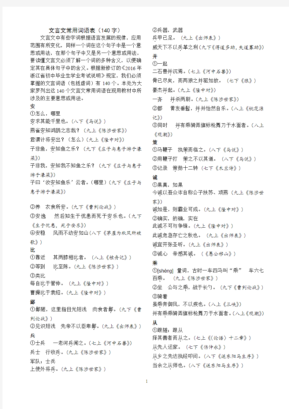 浙江省2016中考说明——文言文常用词语汇编(140字)