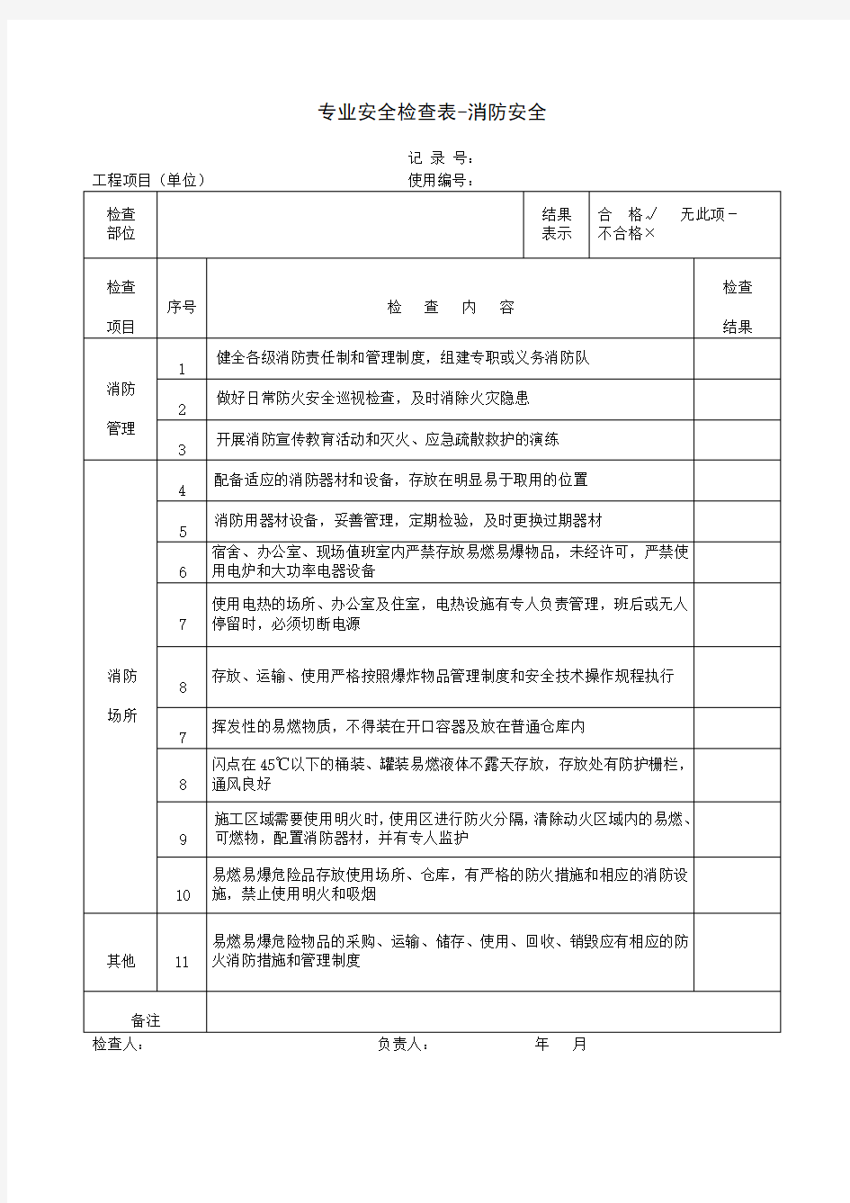 专业安全检查表-消防安全