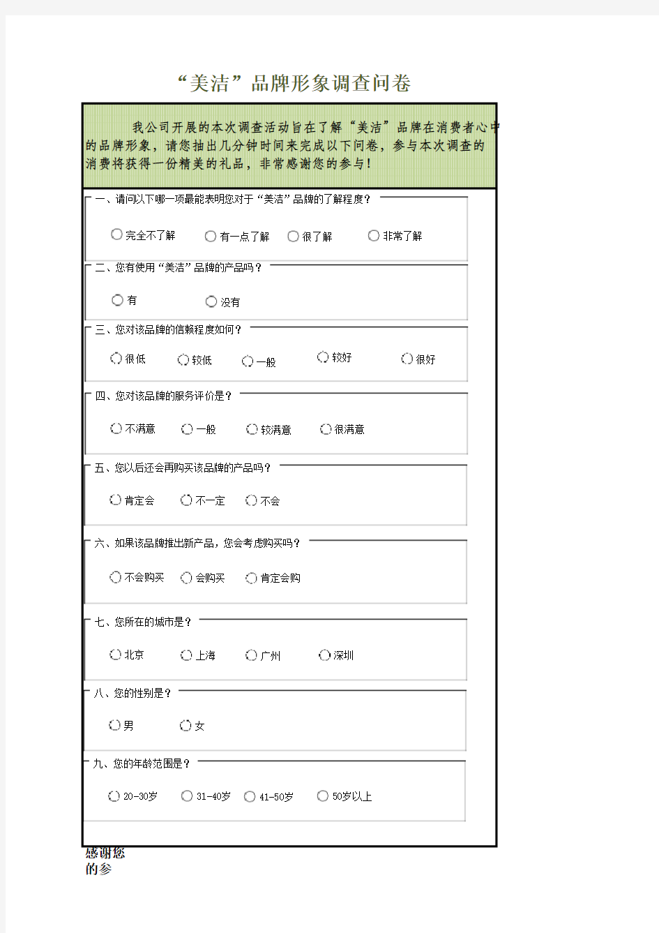 品牌形象调查问卷