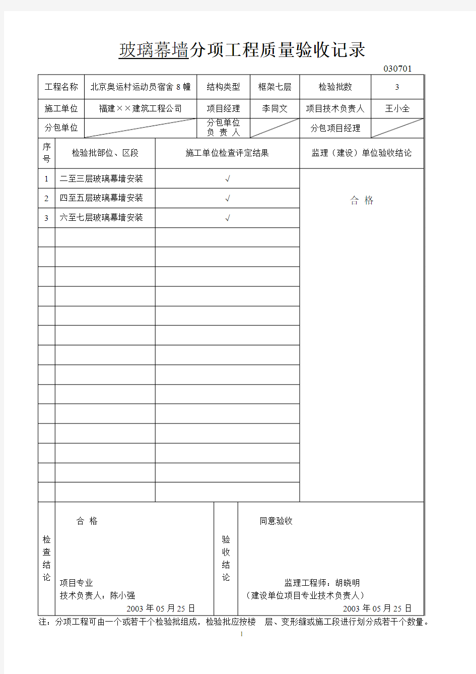 玻璃幕墙分项工程质量验收记录