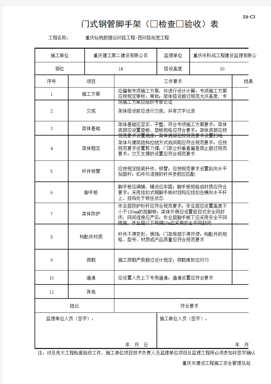 SA-C3-4.3 门式钢管脚手架检查验收表