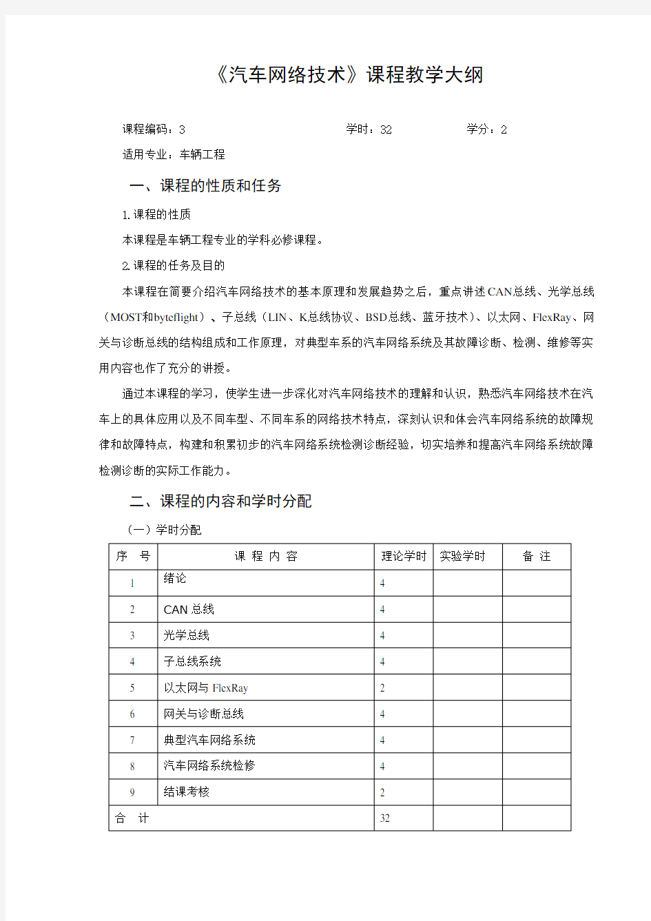 汽车网络技术课程教学大纲