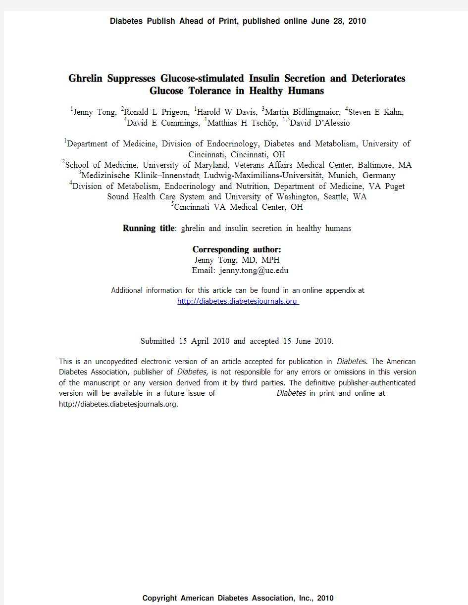 Ghrelin Suppresses Glucose-stimulated Insulin Secretion and Deteriorates