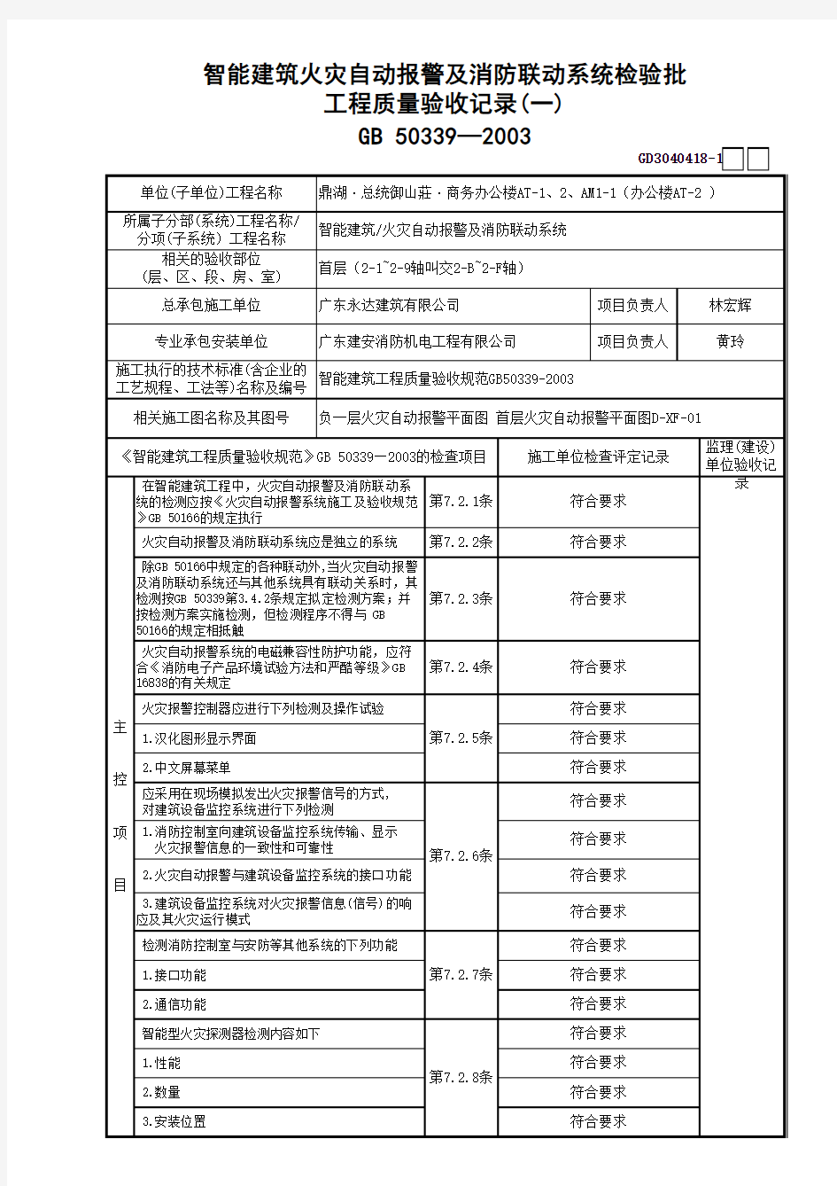 智能建筑火灾自动报警及消防联动系统检验批工程质量验收记录(1)GD3040418