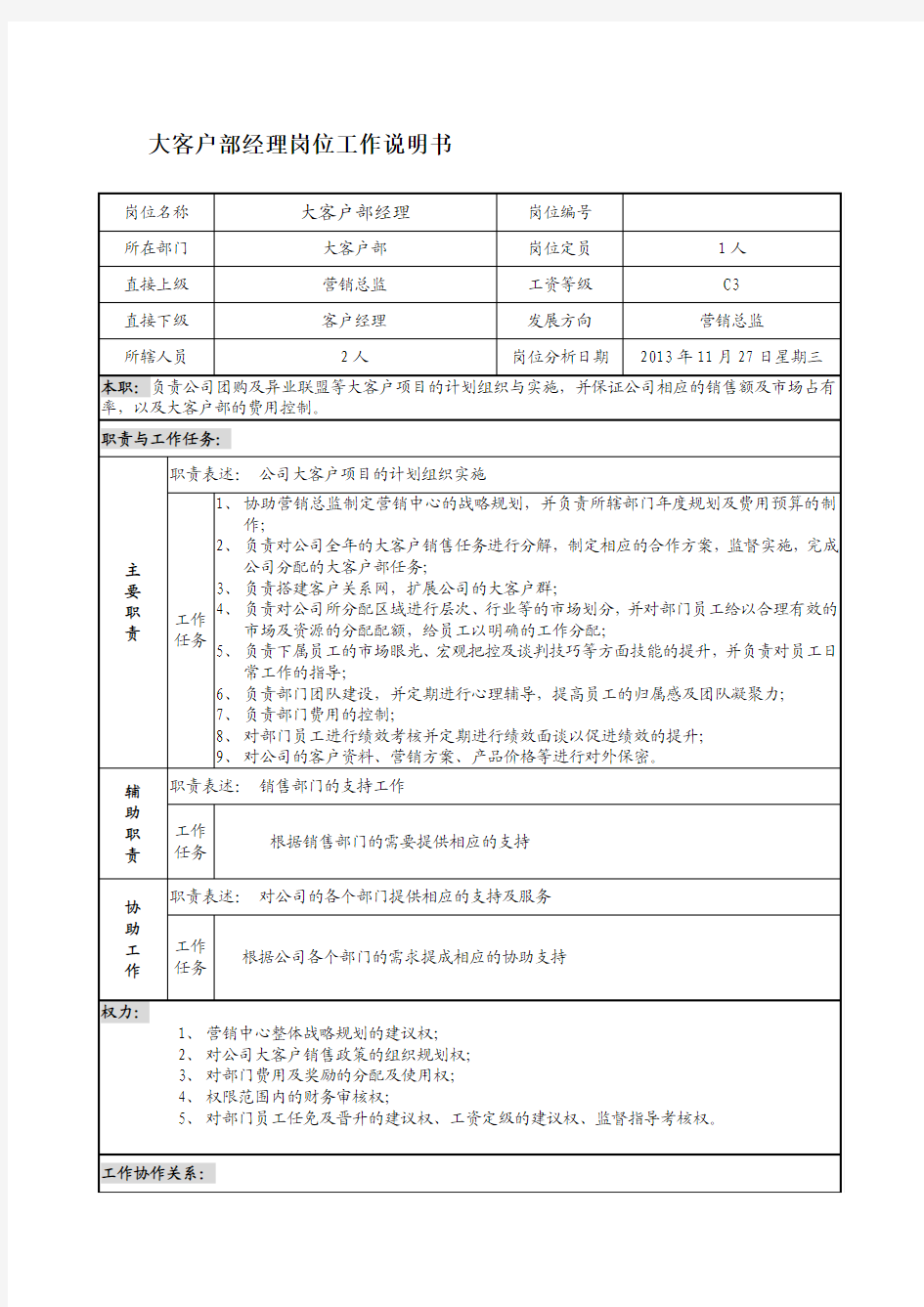 大客户部经理岗位工作说明书