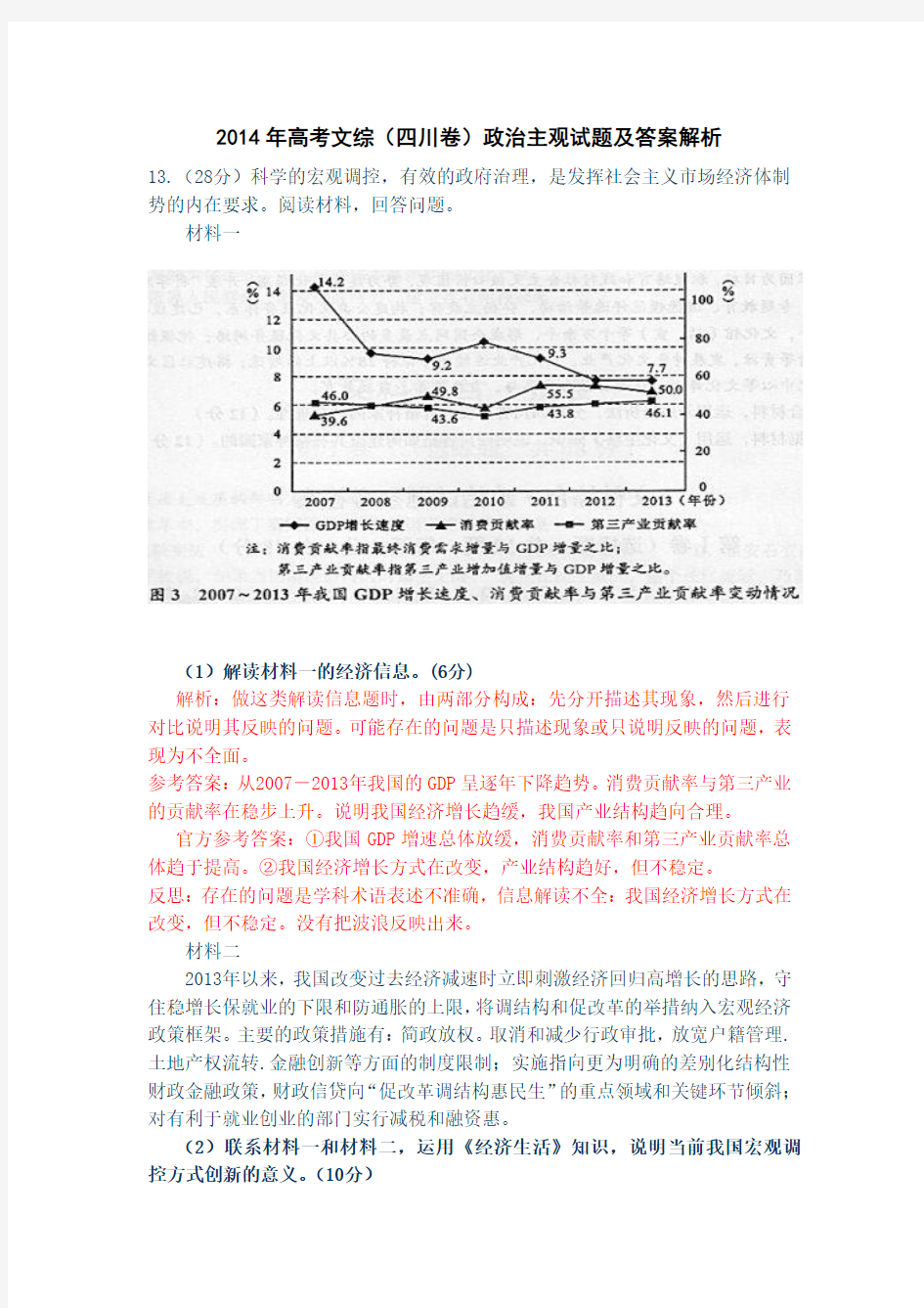 2014年高考文综(四川卷)政治主观试题及答案解析