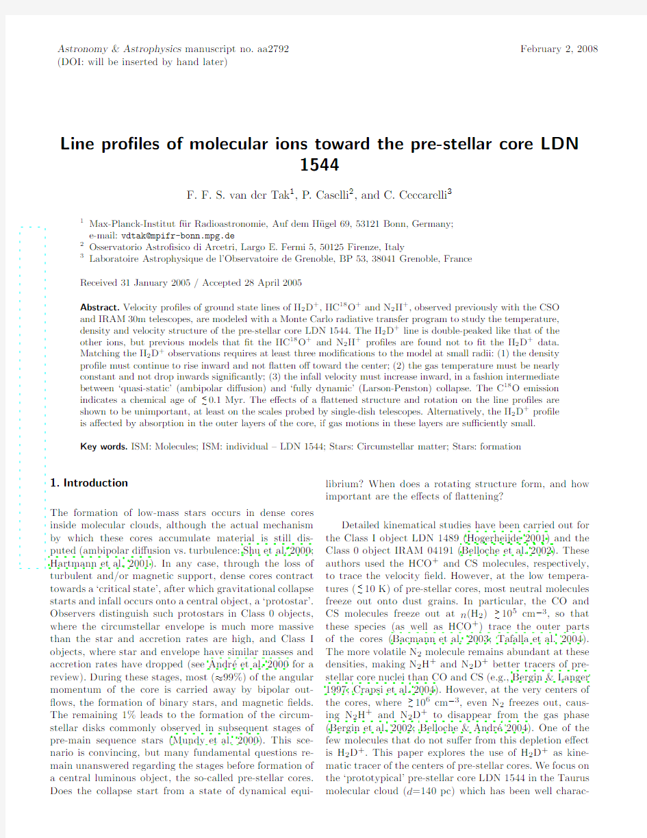 Line profiles of molecular ions toward the pre-stellar core LDN 1544