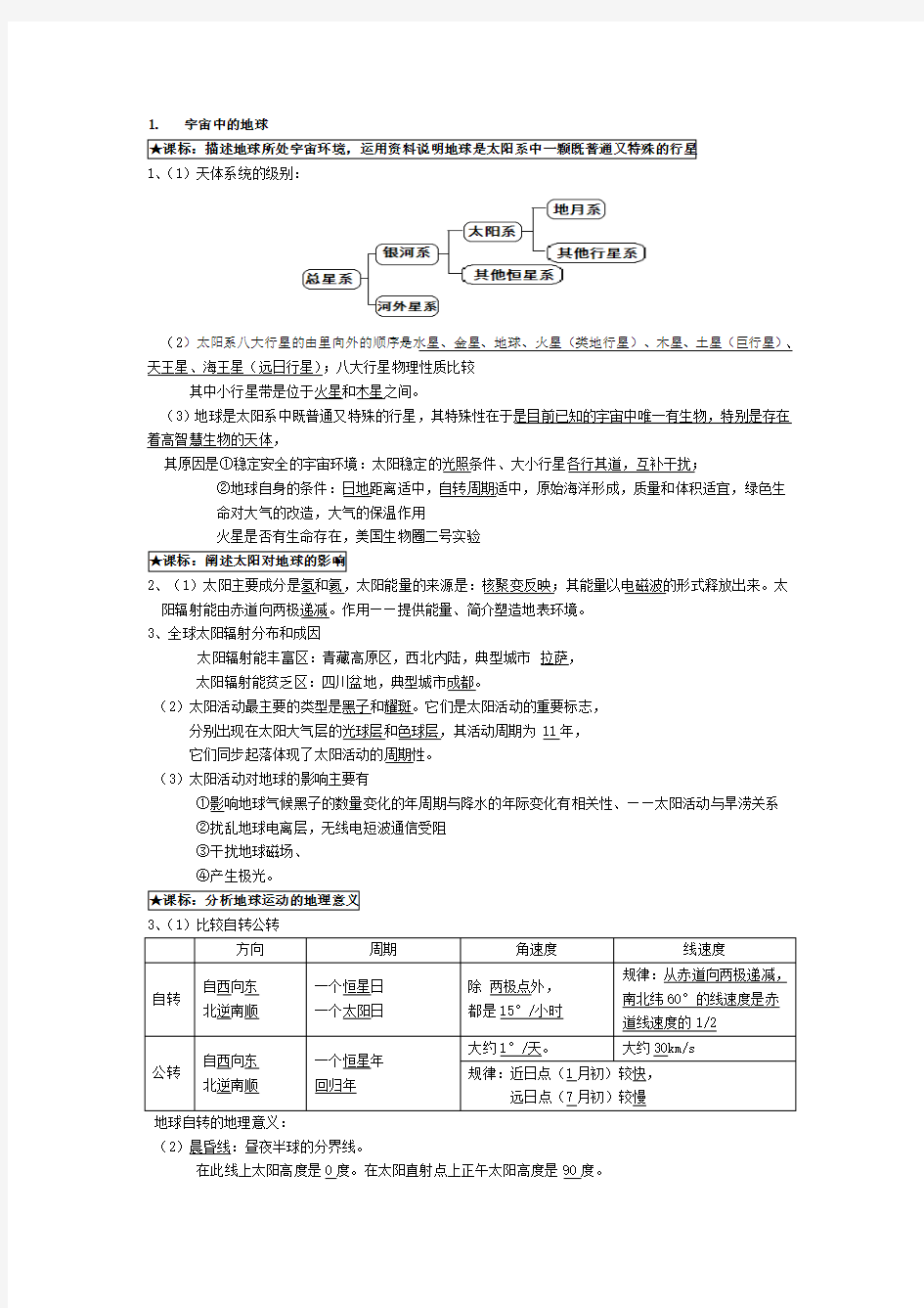 高中地理必修一知识点各版本教材整合