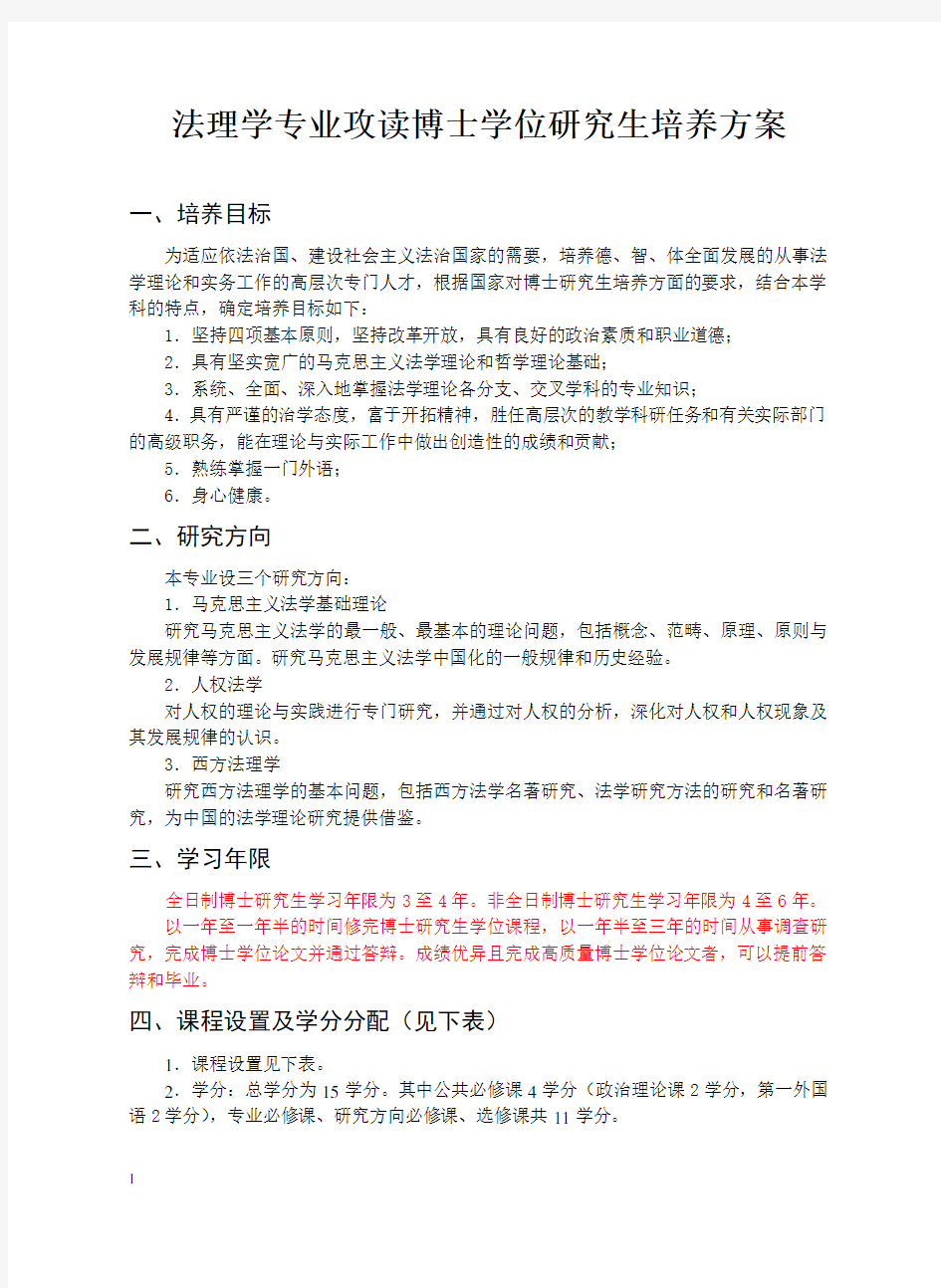 武汉大学法学院博士培养方案